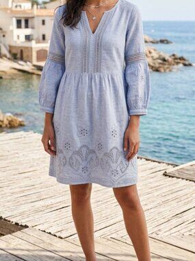 Tommy Bahama St Lucia Split Neck Blue Linen Blend Dress XL Coastal Resort